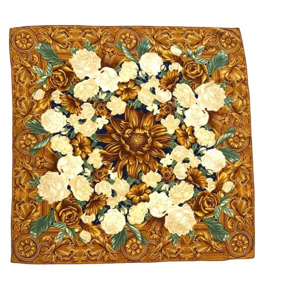 CHRISTIAN DIOR Brown With Flower Print Silk Scarf Italy SQR 34’’ EX.COND - Picture 1 of 8
